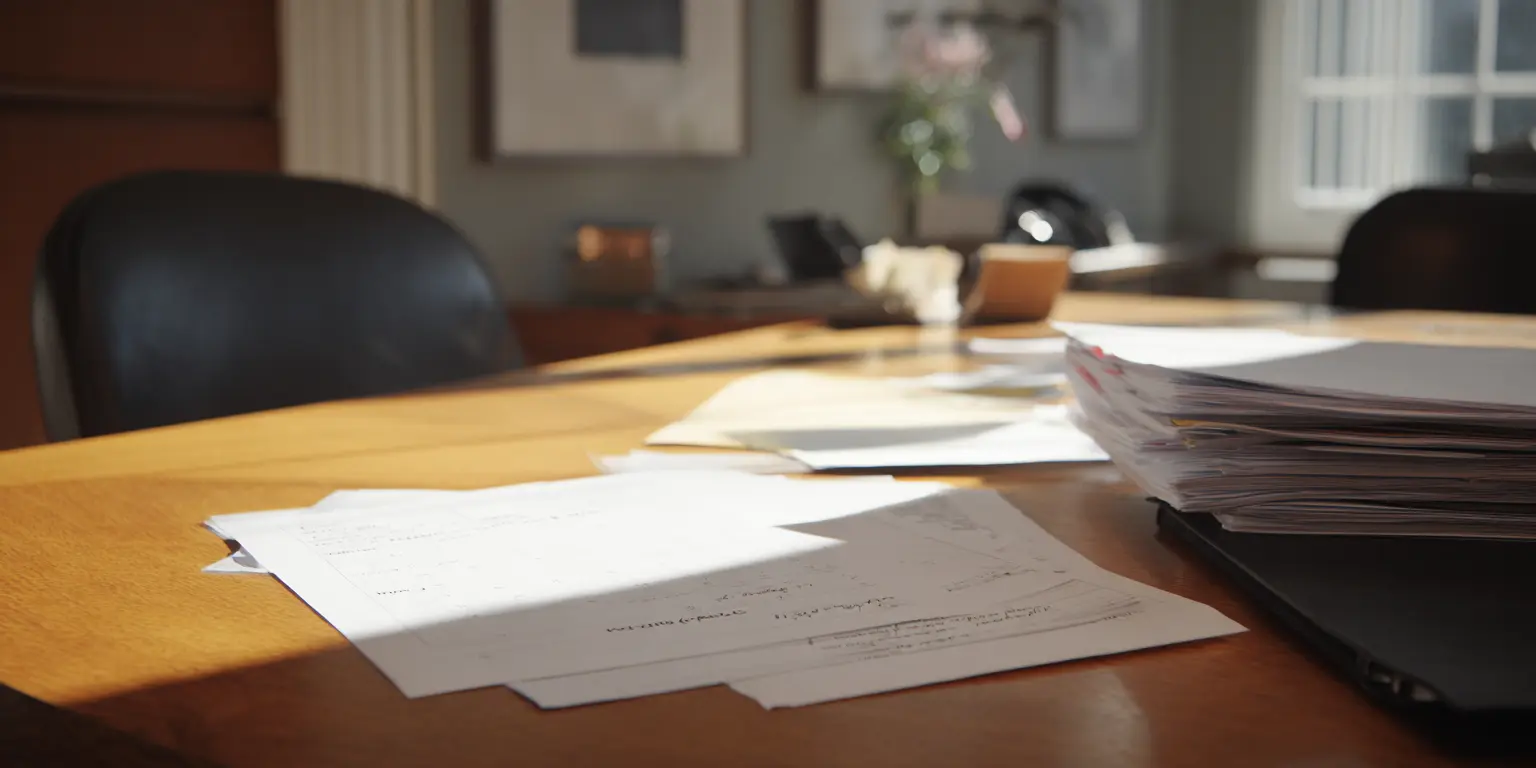 Supports d'information organisationnelle Documents de visites immobilières posés sur une table dans un contexte professionnel neutre