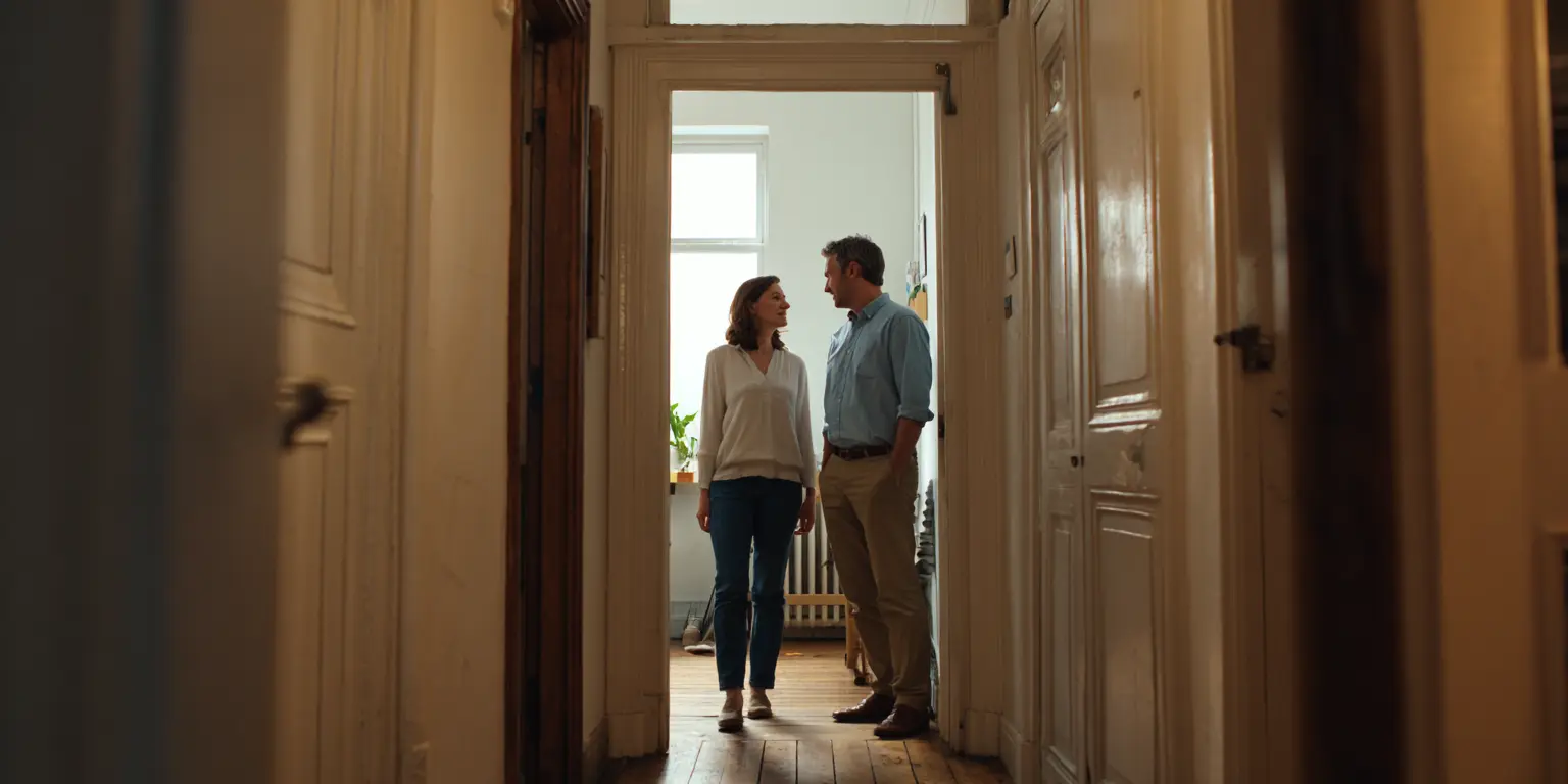 Interaction humaine discrète Personnes en mouvement dans un espace neutre de visite immobilière