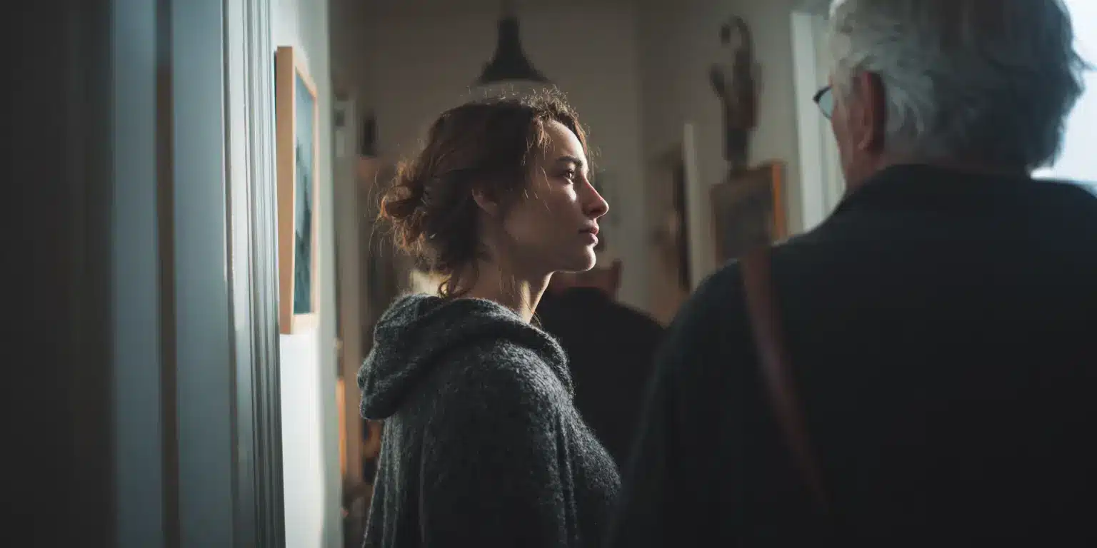 Présence humaine discrète Personnes présentes dans un espace de visite neutre avec posture professionnelle calme