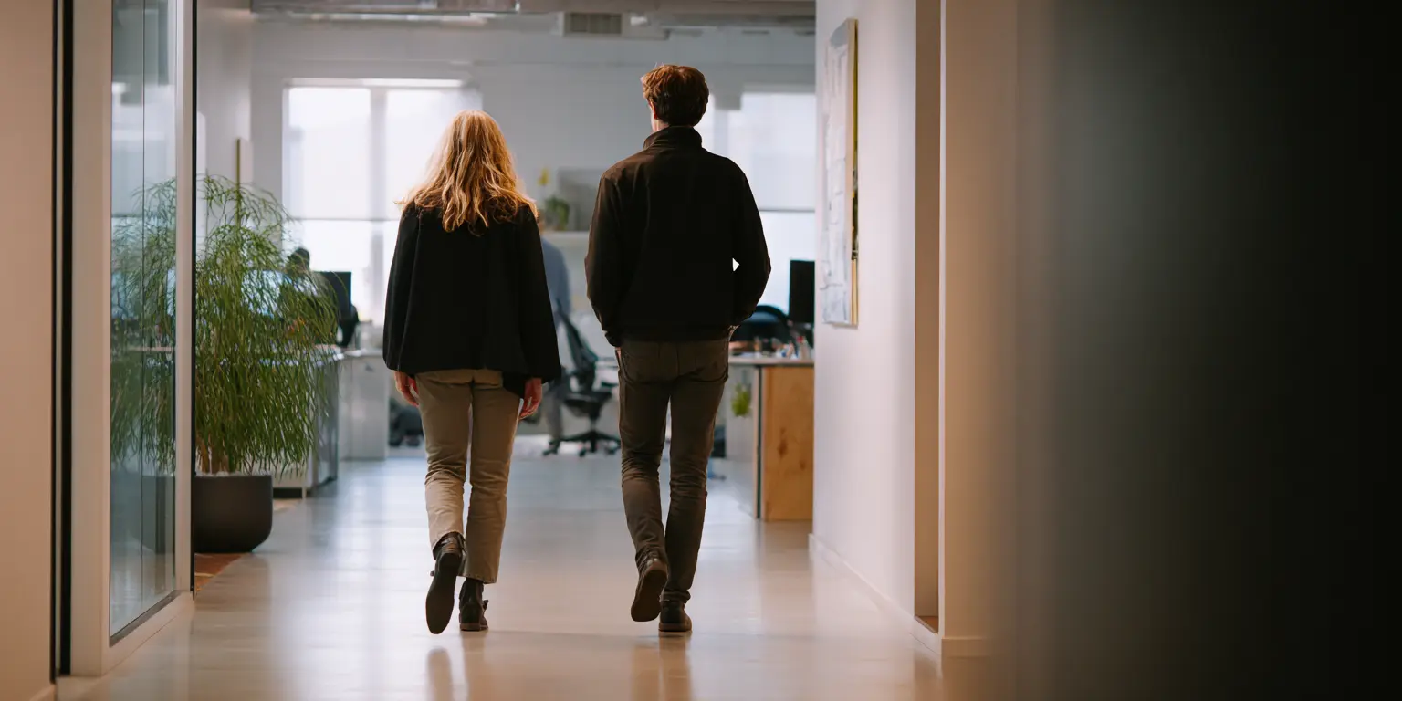 Fin de séquence de visite Deux personnes quittant calmement un espace de visite en milieu professionnel