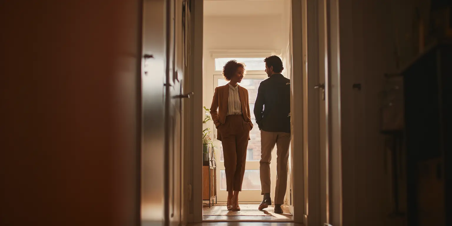 Situation imprévue lors d'une visite Deux personnes devant une porte entrouverte avec clés visibles dans un hall d'immeuble