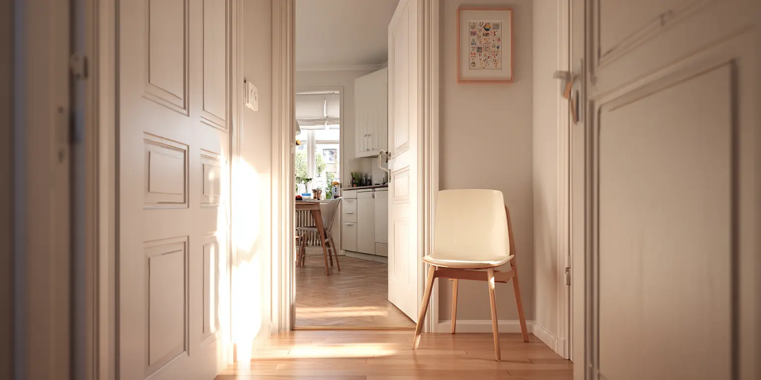 Neutralité visible dans l'espace Espace de visite immobilière avec présence humaine discrète et organisation neutre sans interaction directe