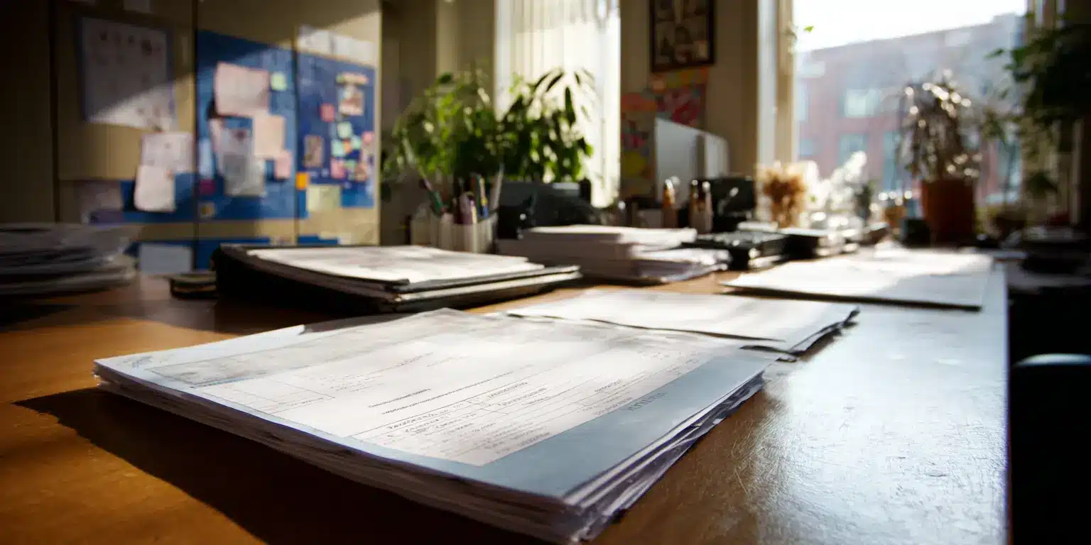 Organisation visible des informations Documents simples de planification de visites posés sur une table de travail neutre