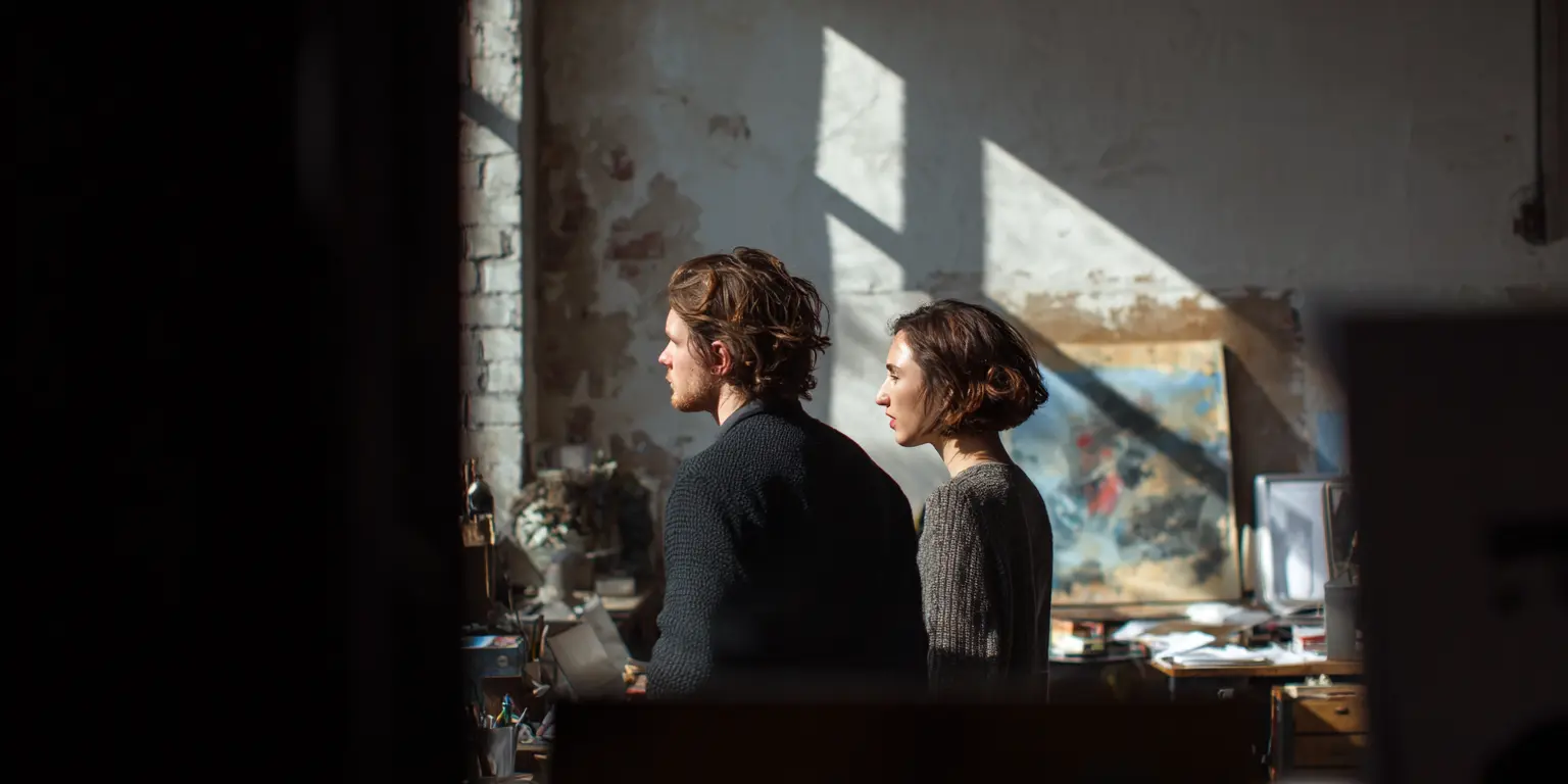 Coordination humaine apaisée Deux personnes échangent brièvement dans un espace neutre lié à une visite immobilière