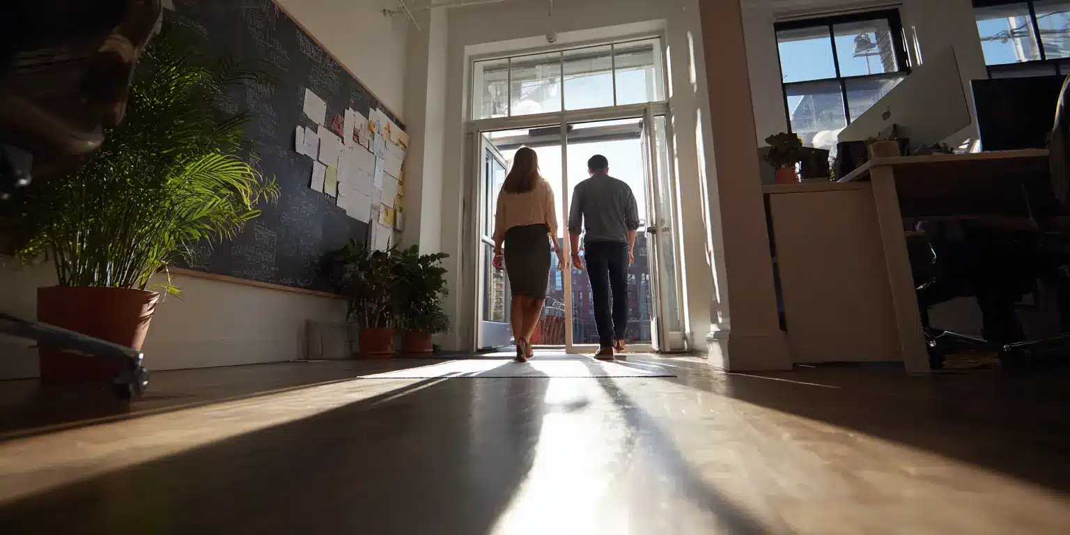 Entree dans un cadre de visite Visiteurs entrant dans un espace immobilier encadre avec posture professionnelle et circulation organisee