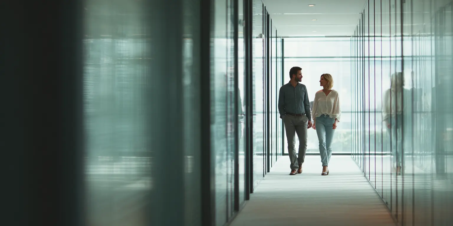 Échange discret et neutre Deux personnes échangent brièvement dans un espace de passage professionnel sans gestuelle démonstrative