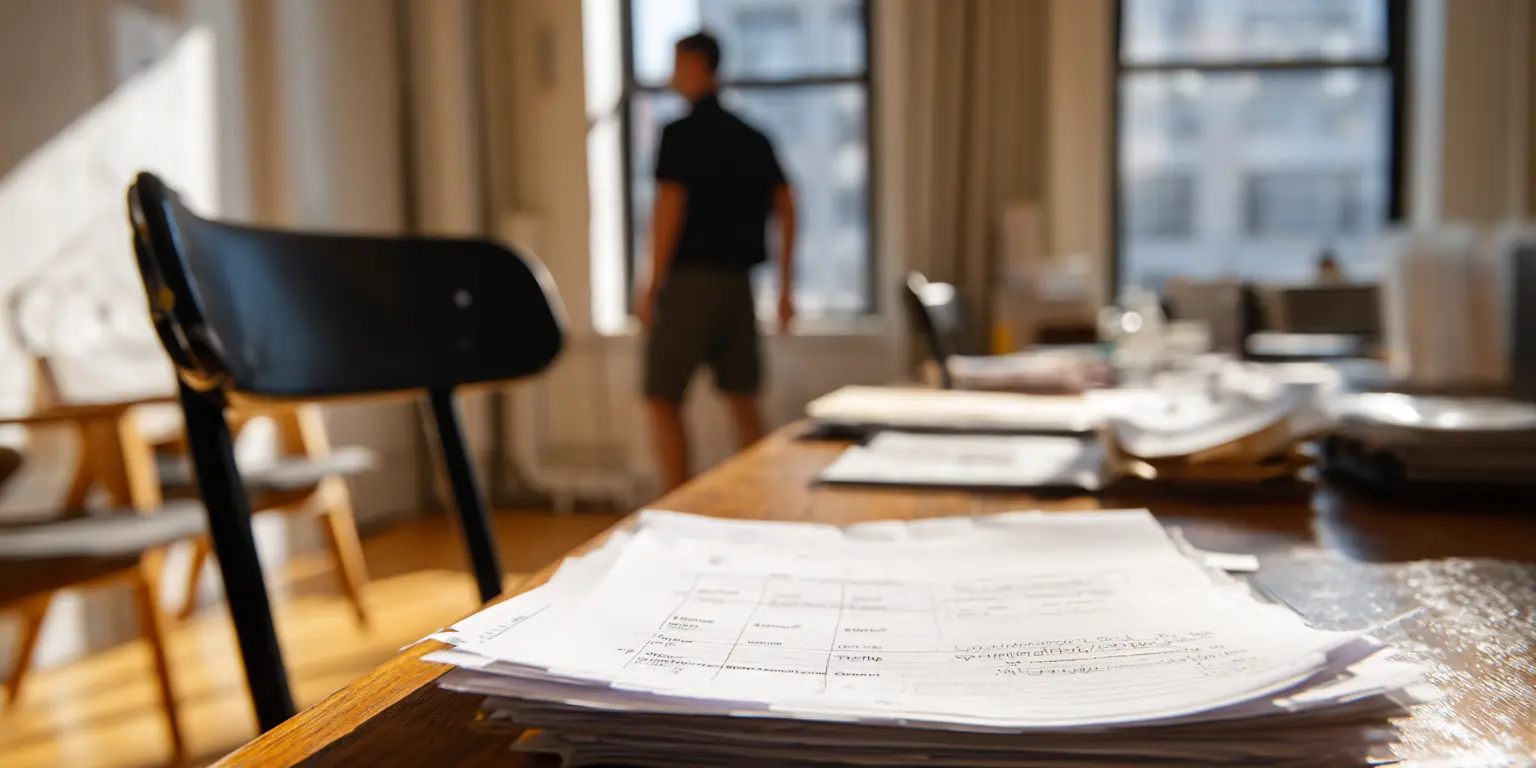 Consultation tardive du planning Personne consultant un planning de visites après un ajustement tardif dans un espace professionnel neutre