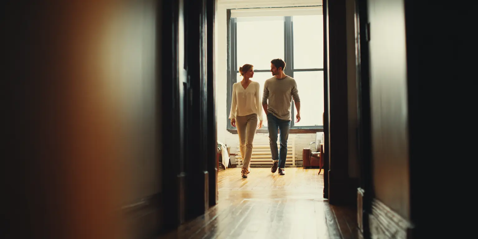 Déplacement calme dans le logement Deux personnes se déplacent calmement dans un intérieur habité avant une visite