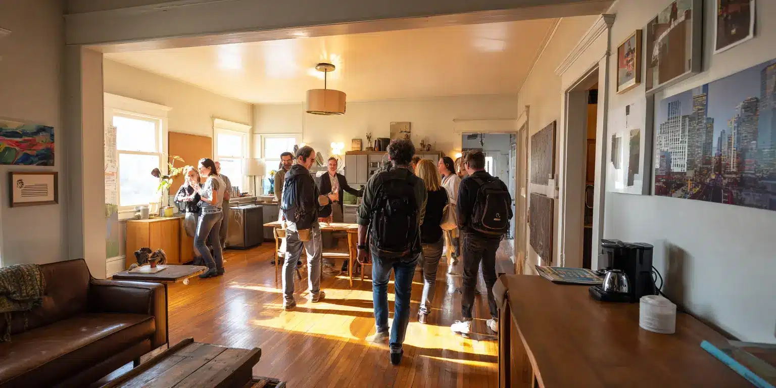 Circulation collective en visite Groupe de visiteurs circulant ensemble dans un bien lors d'une visite publique