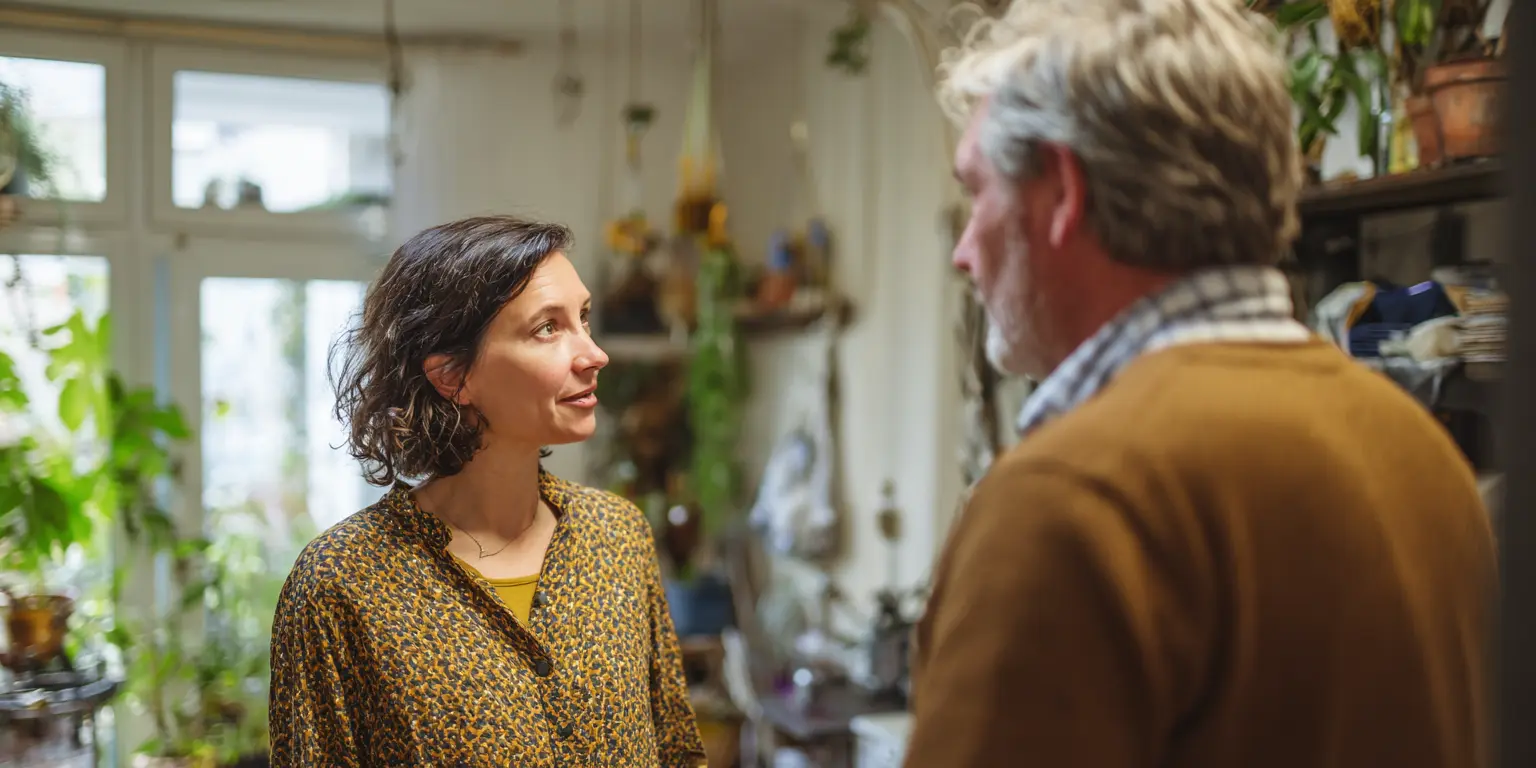 Echange bref pendant la visite Deux personnes échangent brièvement dans un espace intérieur pendant une visite organisée