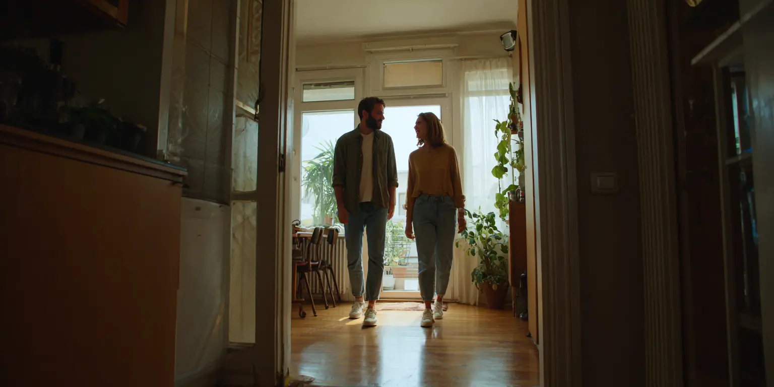 Coordination humaine discrète Deux personnes échangent brièvement dans un intérieur résidentiel lors d'une coordination de visite