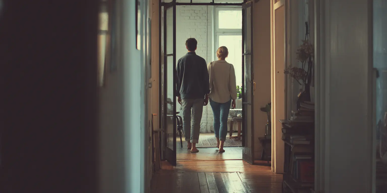 Moment de transition lors d'une visite Personnes se déplaçant calmement dans un logement entre deux créneaux de visite