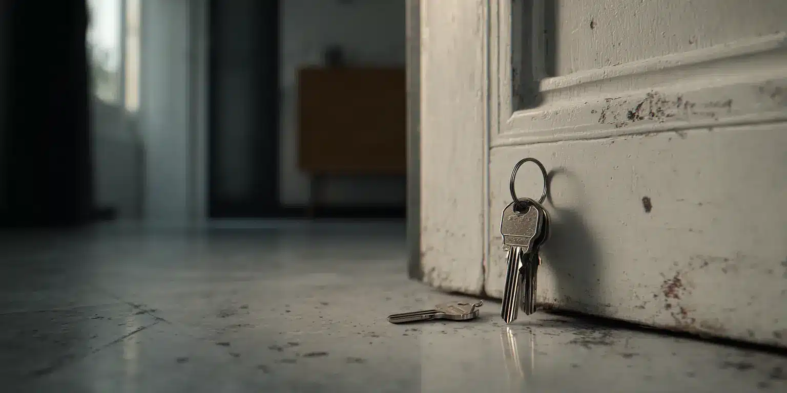 Gestion des accès au bien Porte d'immeuble entrouverte avec trousseau de clés posé, contexte de visite immobilière organisée