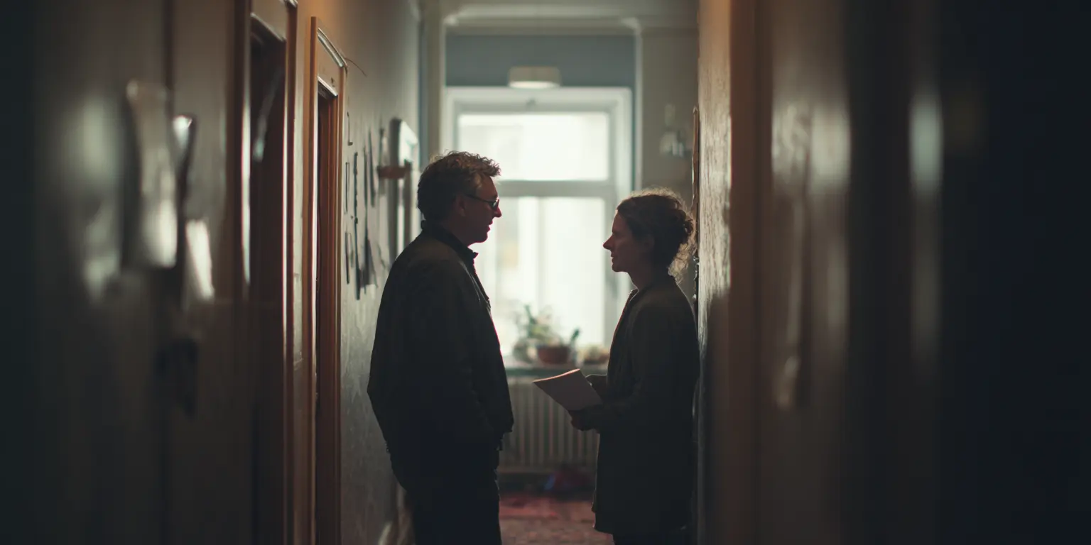 Interaction fonctionnelle et neutre Deux personnes échangent brièvement dans un hall d'immeuble lors d'une organisation de visite