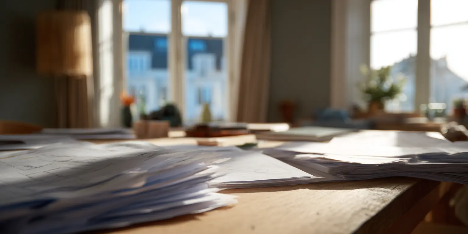 Planning de visites sur table Feuilles de planning de visites posées sur une table dans un espace immobilier utilisé