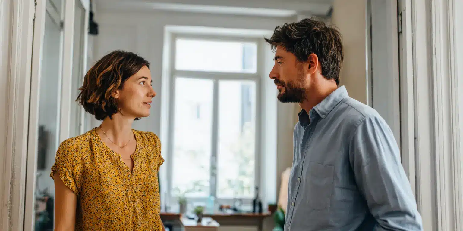 Echange fonctionnel lors d'une visite Deux personnes échangent brièvement dans un espace intérieur lors d'une visite immobilière encadrée